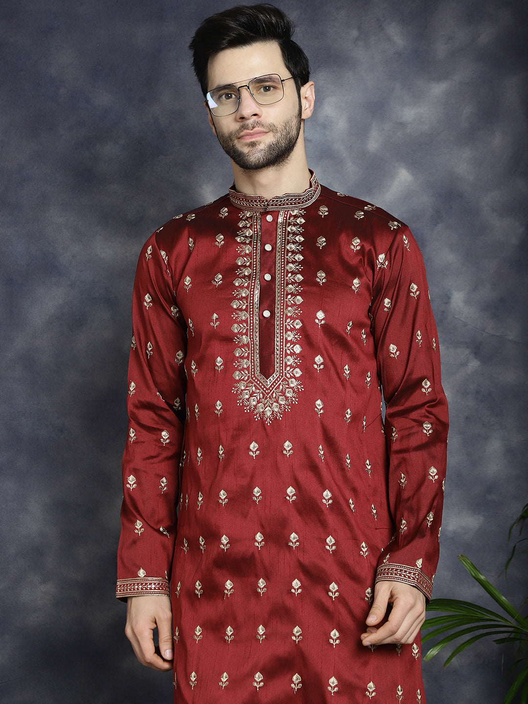 Jompers Men's Maroon Chikankari Embroidered Kurta With Pyjama | Grocsy