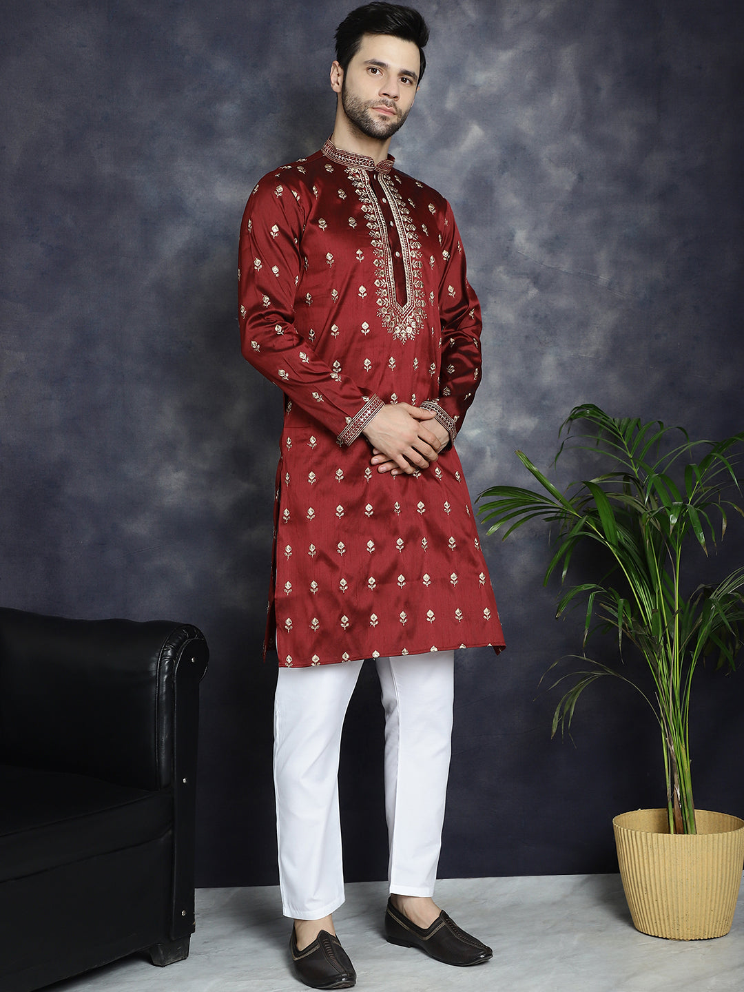 Jompers Men's Maroon Chikankari Embroidered Kurta With Pyjama | Grocsy