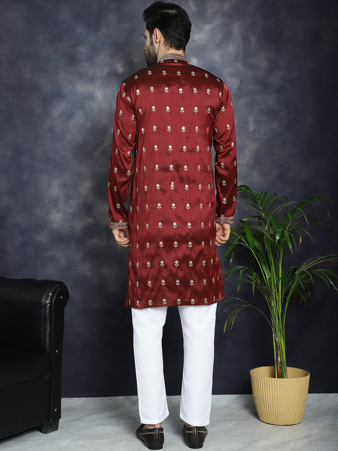 Jompers Men's Maroon Chikankari Embroidered Kurta With Pyjama | Grocsy