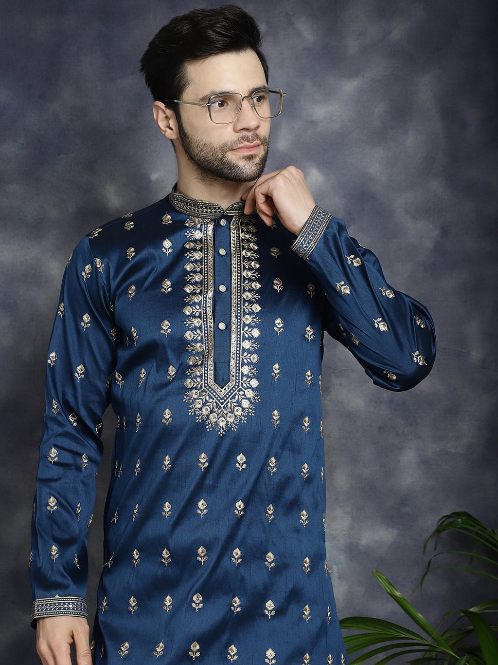 Jompers Men's Navy Blue Chikankari Embroidered Kurta With Pyjama | Grocsy