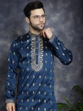 Jompers Men's Navy Blue Chikankari Embroidered Kurta With Pyjama | Grocsy