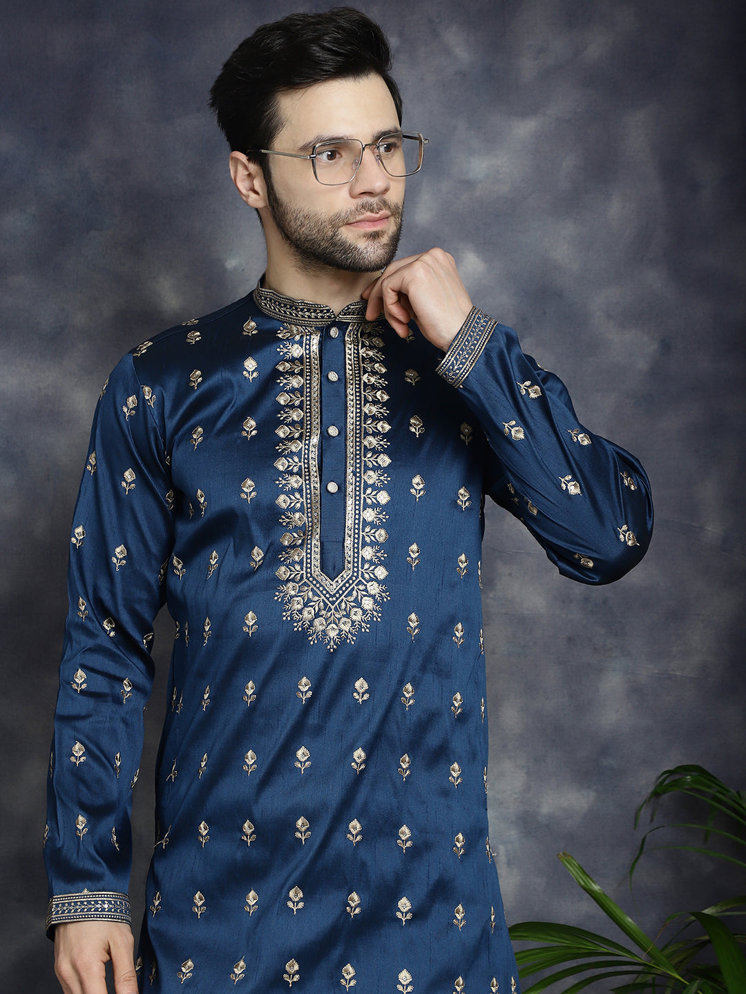 Jompers Men's Navy Blue Chikankari Embroidered Kurta With Pyjama | Grocsy