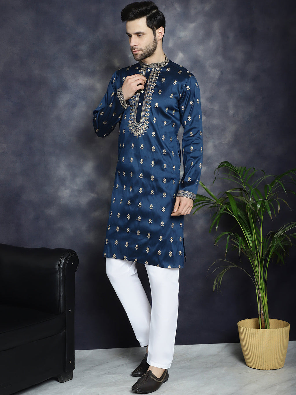 Jompers Men's Navy Blue Chikankari Embroidered Kurta With Pyjama | Grocsy
