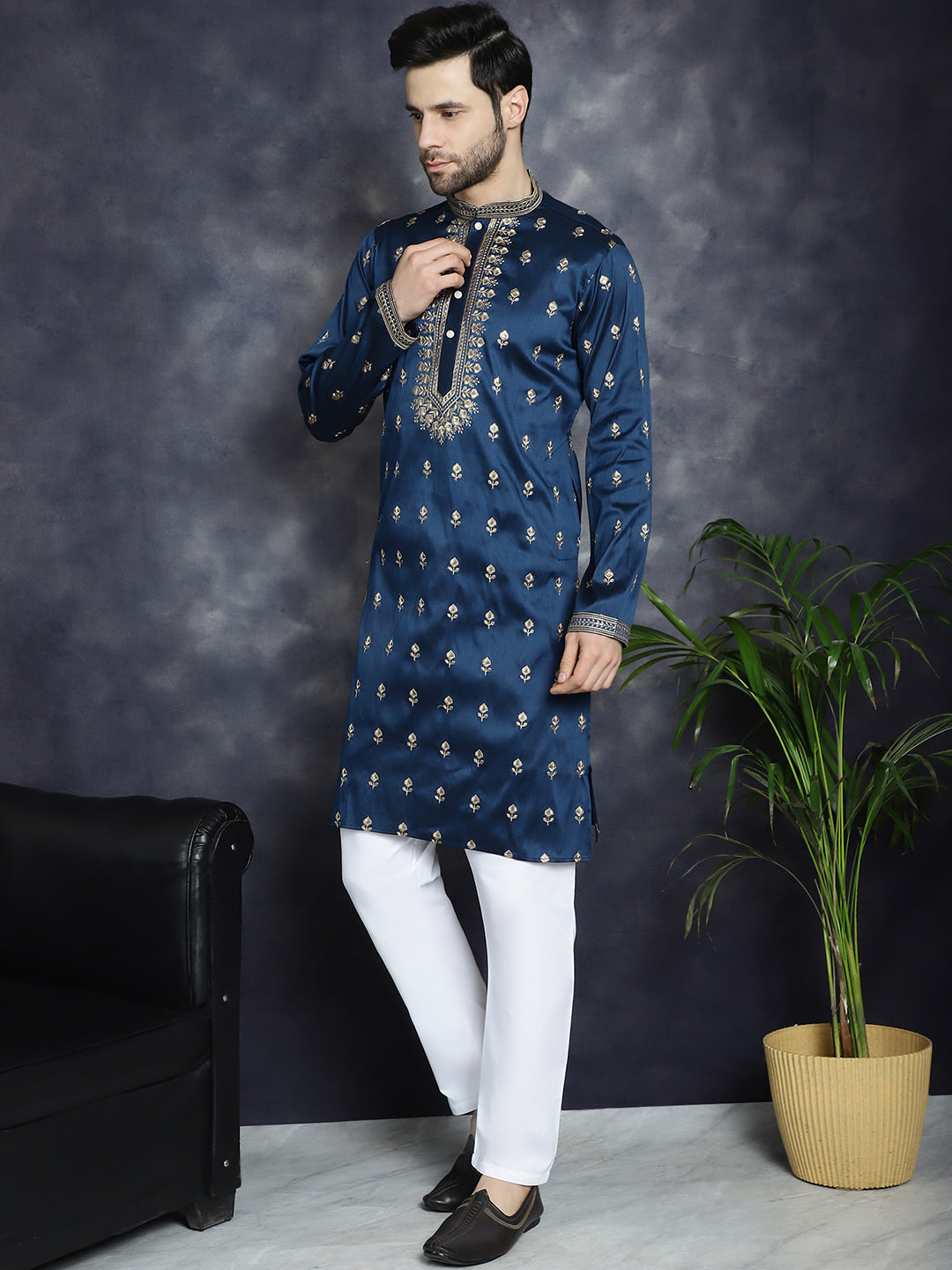 Jompers Men's Navy Blue Chikankari Embroidered Kurta With Pyjama | Grocsy