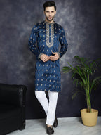 Jompers Men's Navy Blue Chikankari Embroidered Kurta With Pyjama | Grocsy