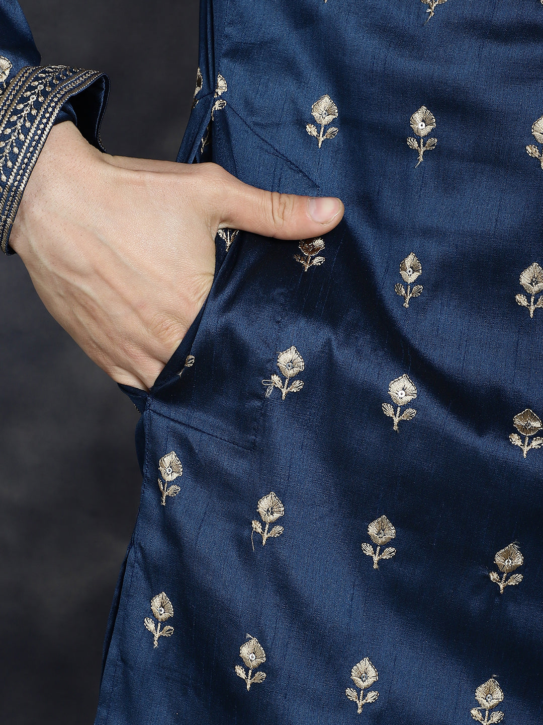 Jompers Men's Navy Blue Chikankari Embroidered Kurta With Pyjama | Grocsy
