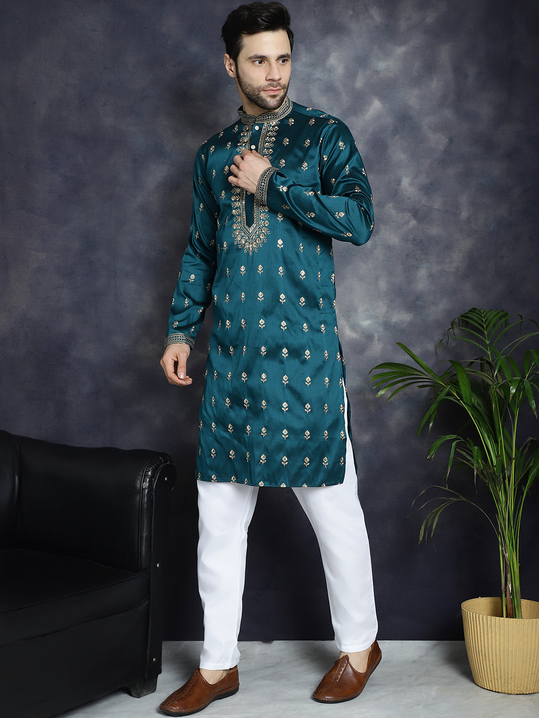 Jompers Men's Peacock Blue Chikankari Embroidered Kurta With Pyjama | Grocsy
