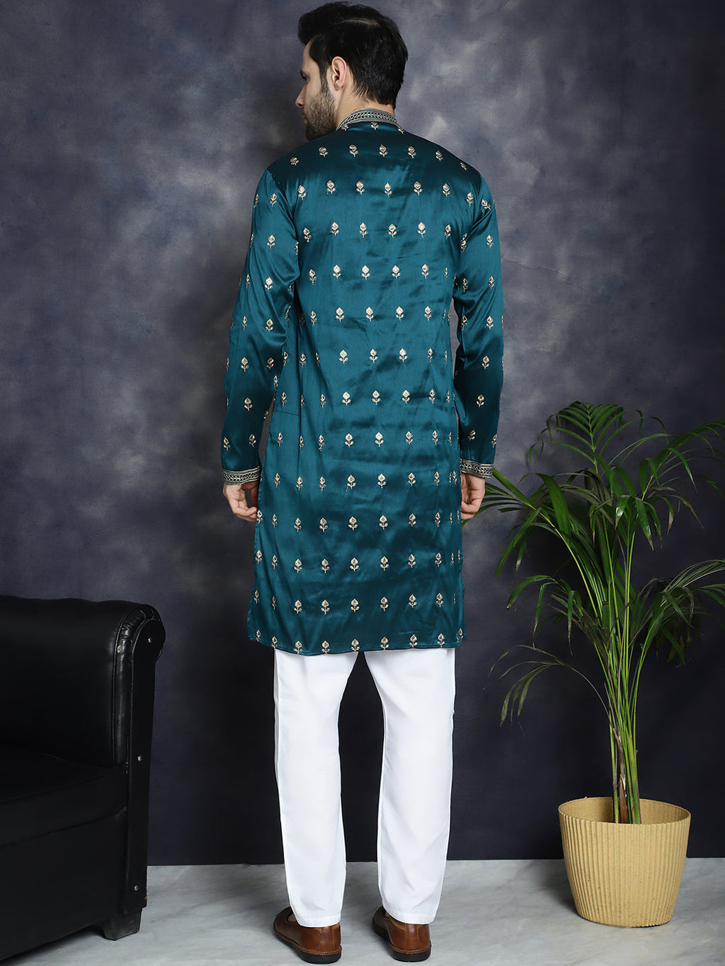 Jompers Men's Peacock Blue Chikankari Embroidered Kurta With Pyjama | Grocsy