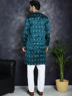 Jompers Men's Peacock Blue Chikankari Embroidered Kurta With Pyjama | Grocsy