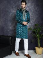 Jompers Men's Peacock Blue Chikankari Embroidered Kurta With Pyjama | Grocsy