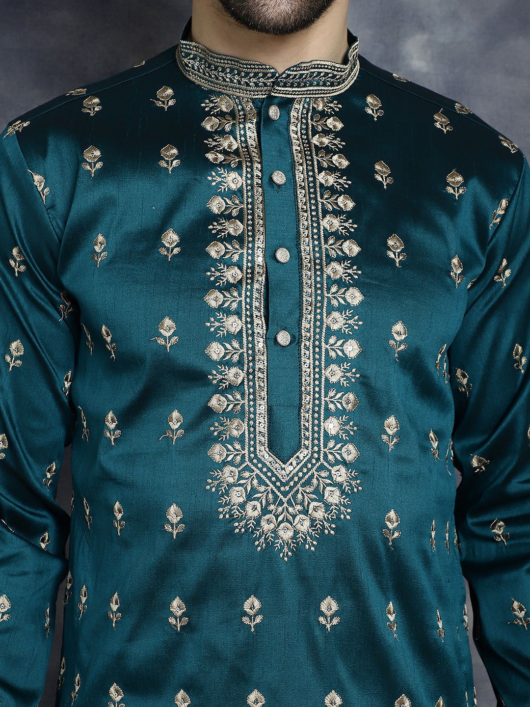 Jompers Men's Peacock Blue Chikankari Embroidered Kurta With Pyjama | Grocsy