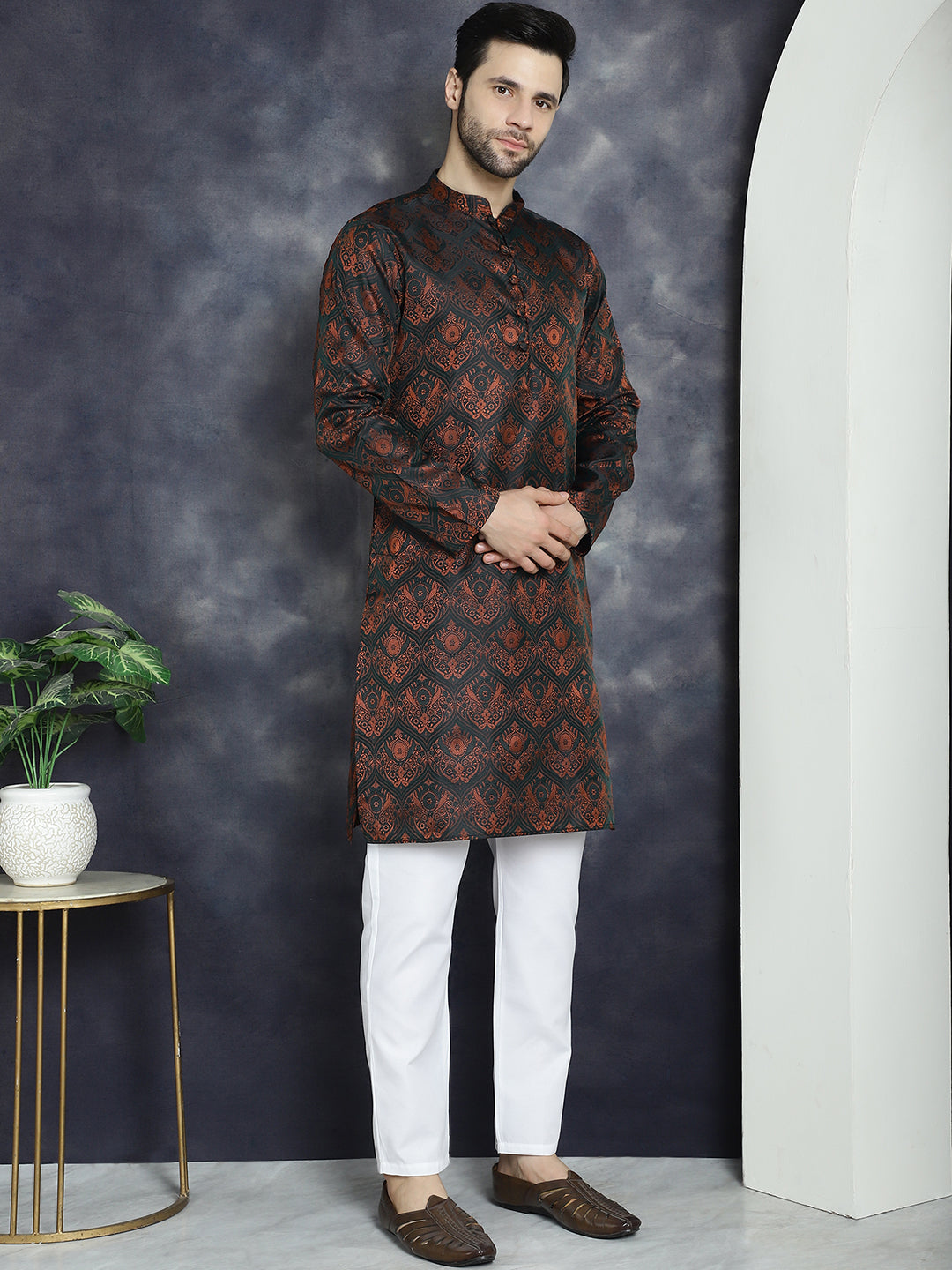Jompers Men's Bronze Silk Blend Straight Kurta Pyjama Set | Grocsy