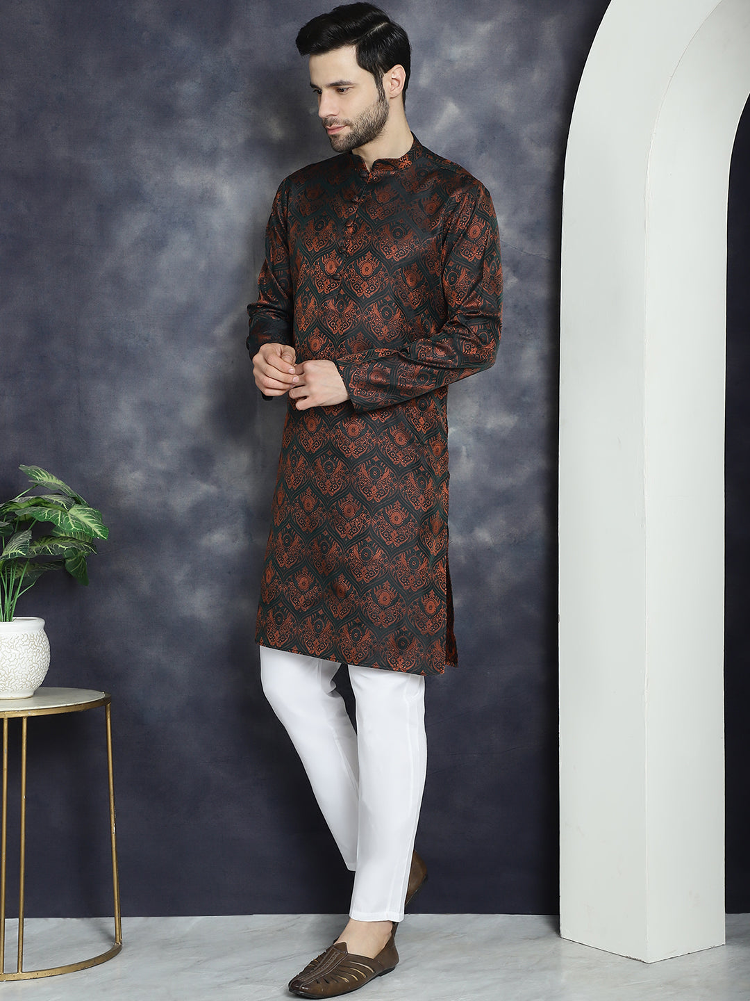 Jompers Men's Bronze Silk Blend Straight Kurta Pyjama Set | Grocsy