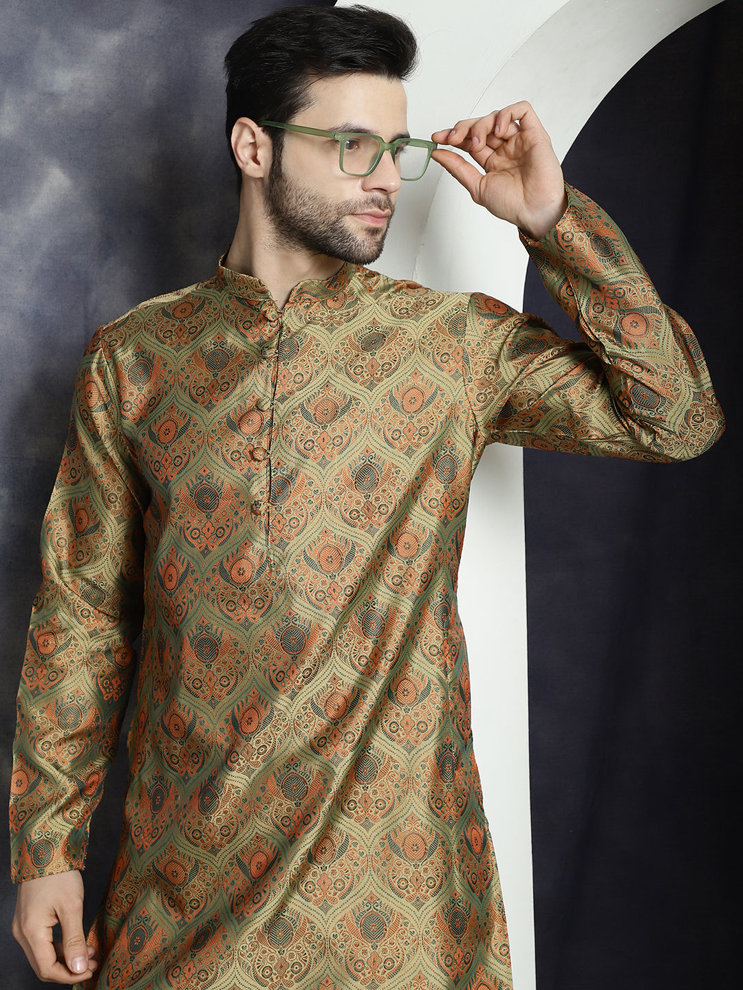Jompers Men's Golden Silk Blend Straight Kurta Pyjama Set | Grocsy