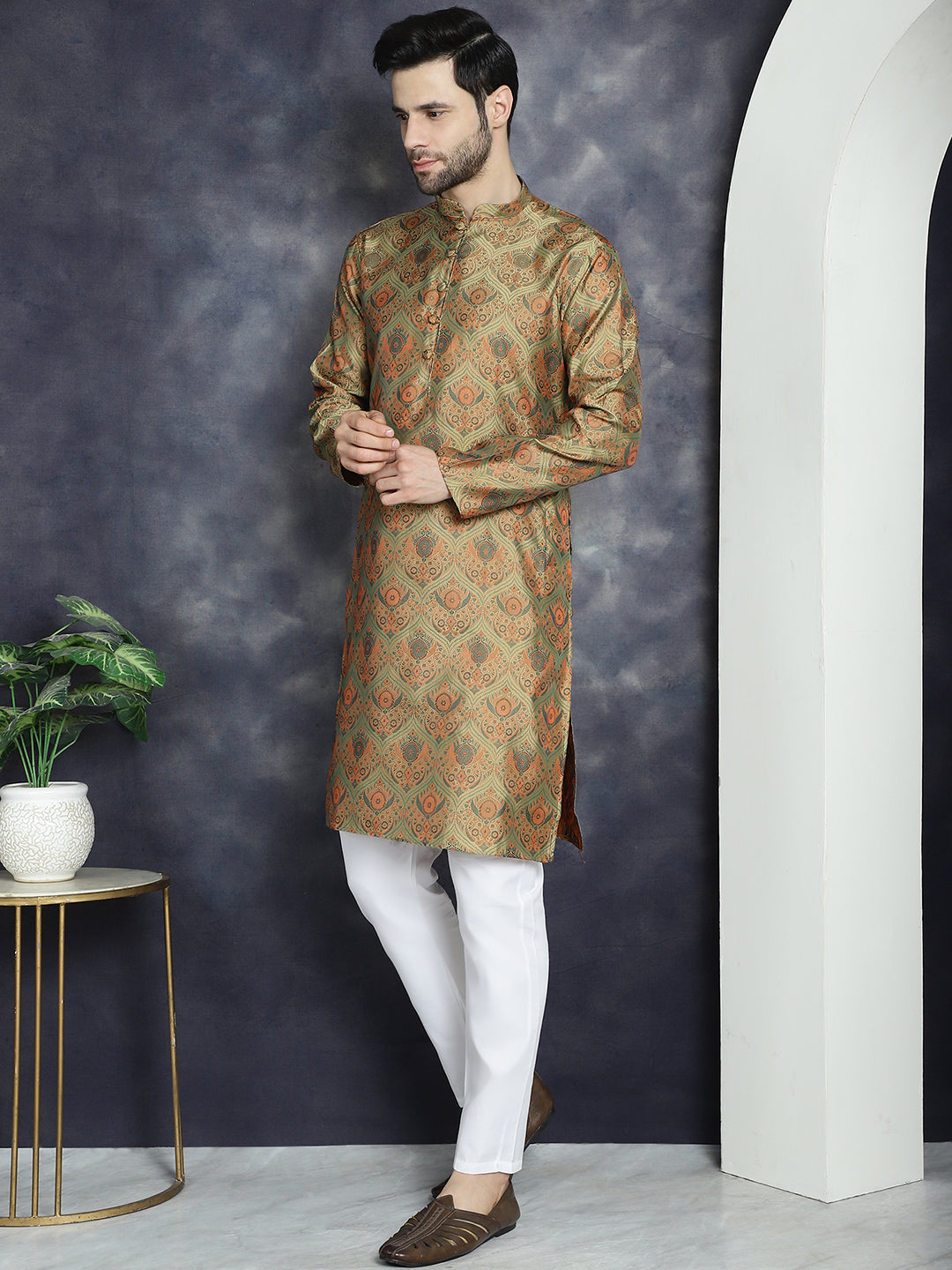 Jompers Men's Golden Silk Blend Straight Kurta Pyjama Set | Grocsy