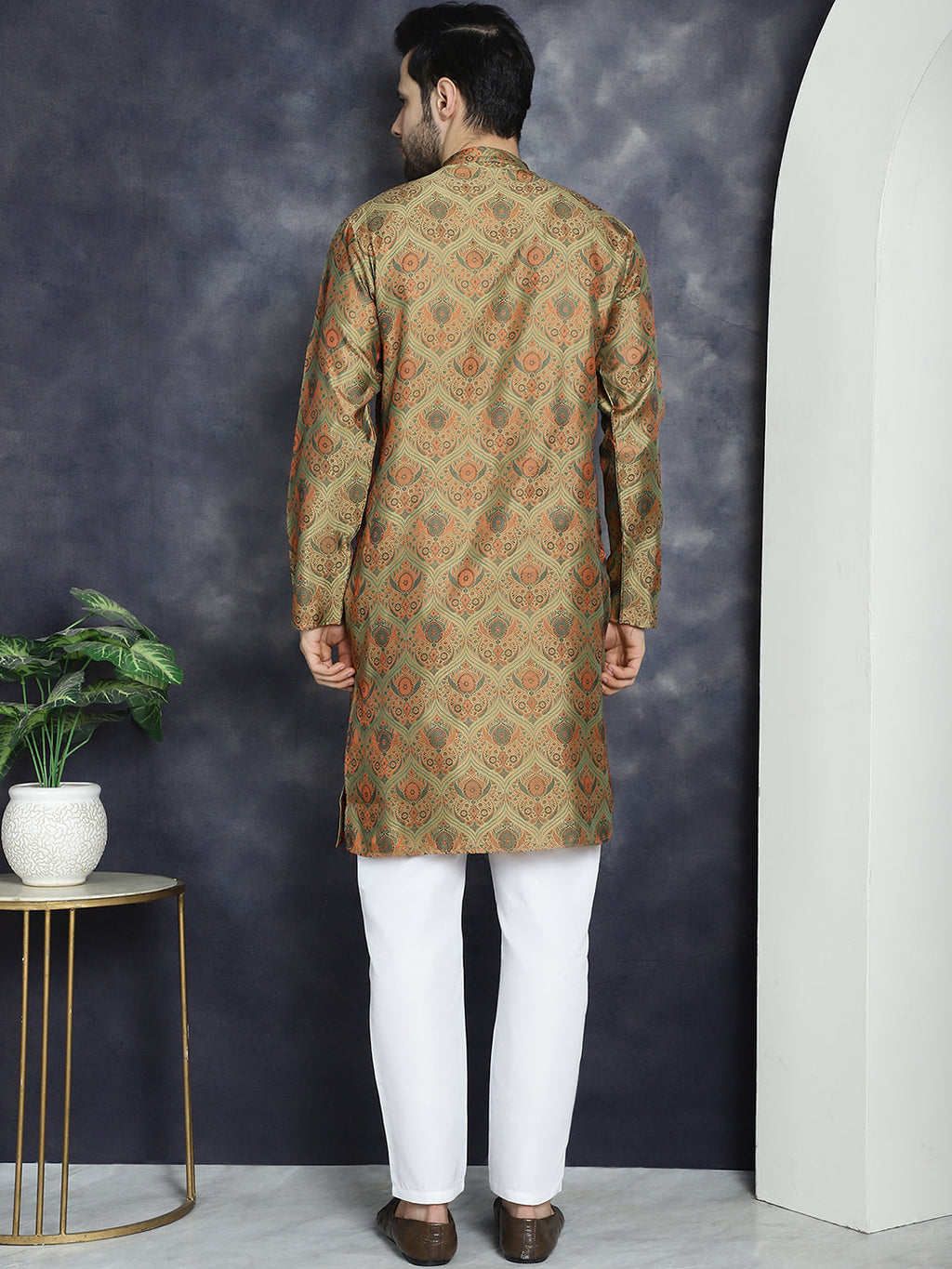 Jompers Men's Golden Silk Blend Straight Kurta Pyjama Set | Grocsy