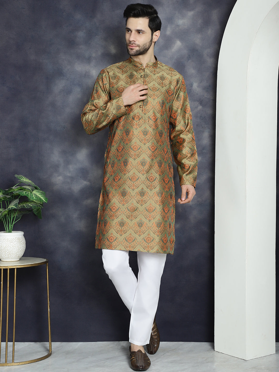 Jompers Men's Golden Silk Blend Straight Kurta Pyjama Set | Grocsy