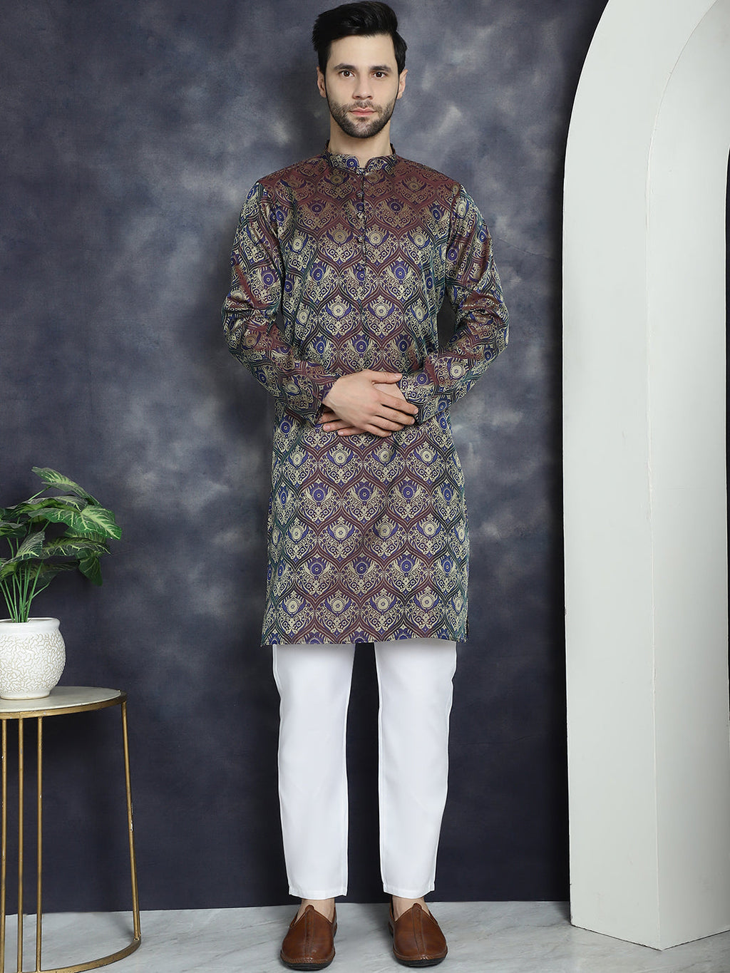 Jompers Men's Purple Silk Blend Straight Kurta Pyjama Set | Grocsy