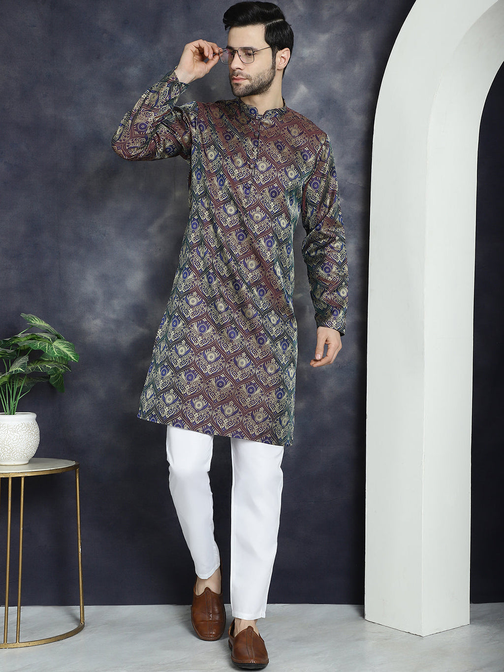 Jompers Men's Purple Silk Blend Straight Kurta Pyjama Set | Grocsy