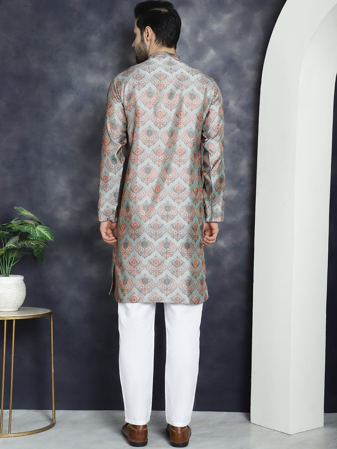 Jompers Men's Silver Silk Blend Straight Kurta Pyjama Set | Grocsy
