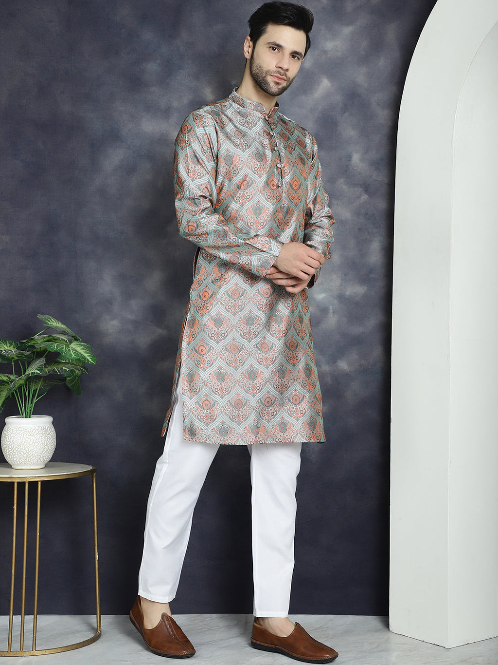 Jompers Men's Silver Silk Blend Straight Kurta Pyjama Set | Grocsy