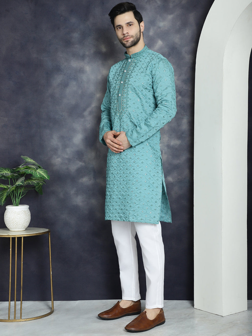 Jompers Men's Sequins Embroidered Kurta With Pyjama - Blue | Grocsy
