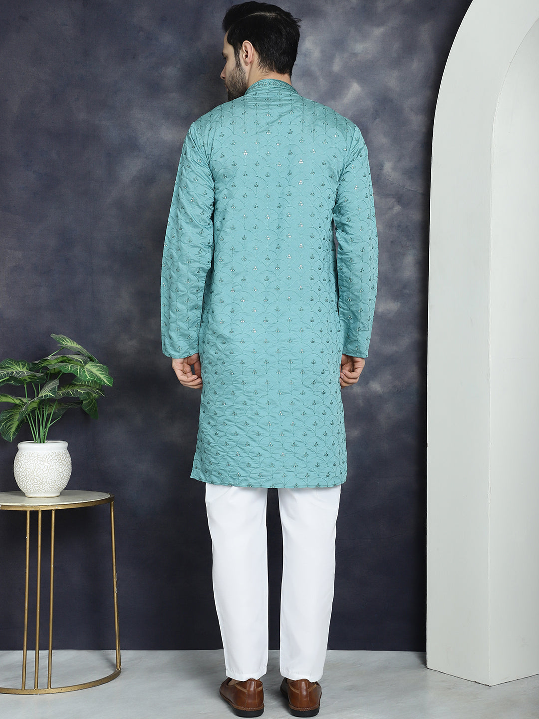 Jompers Men's Sequins Embroidered Kurta With Pyjama - Blue | Grocsy