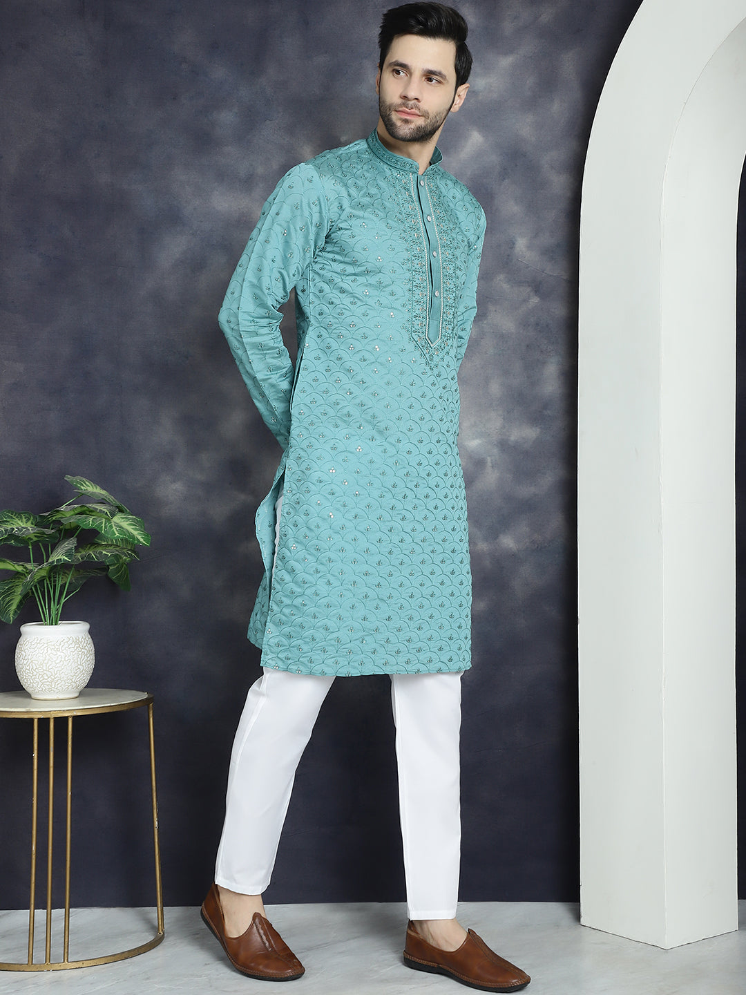 Jompers Men's Sequins Embroidered Kurta With Pyjama - Blue | Grocsy