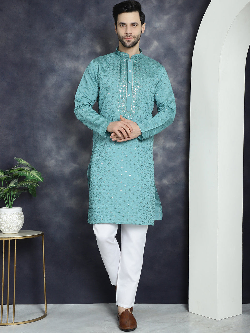 Jompers Men's Sequins Embroidered Kurta With Pyjama - Blue | Grocsy