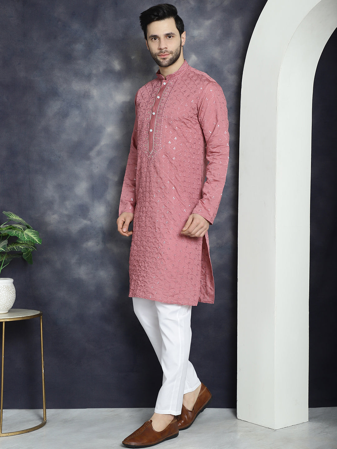 Jompers Men's Sequins Embroidered Kurta With Pyjama - Coral | Grocsy