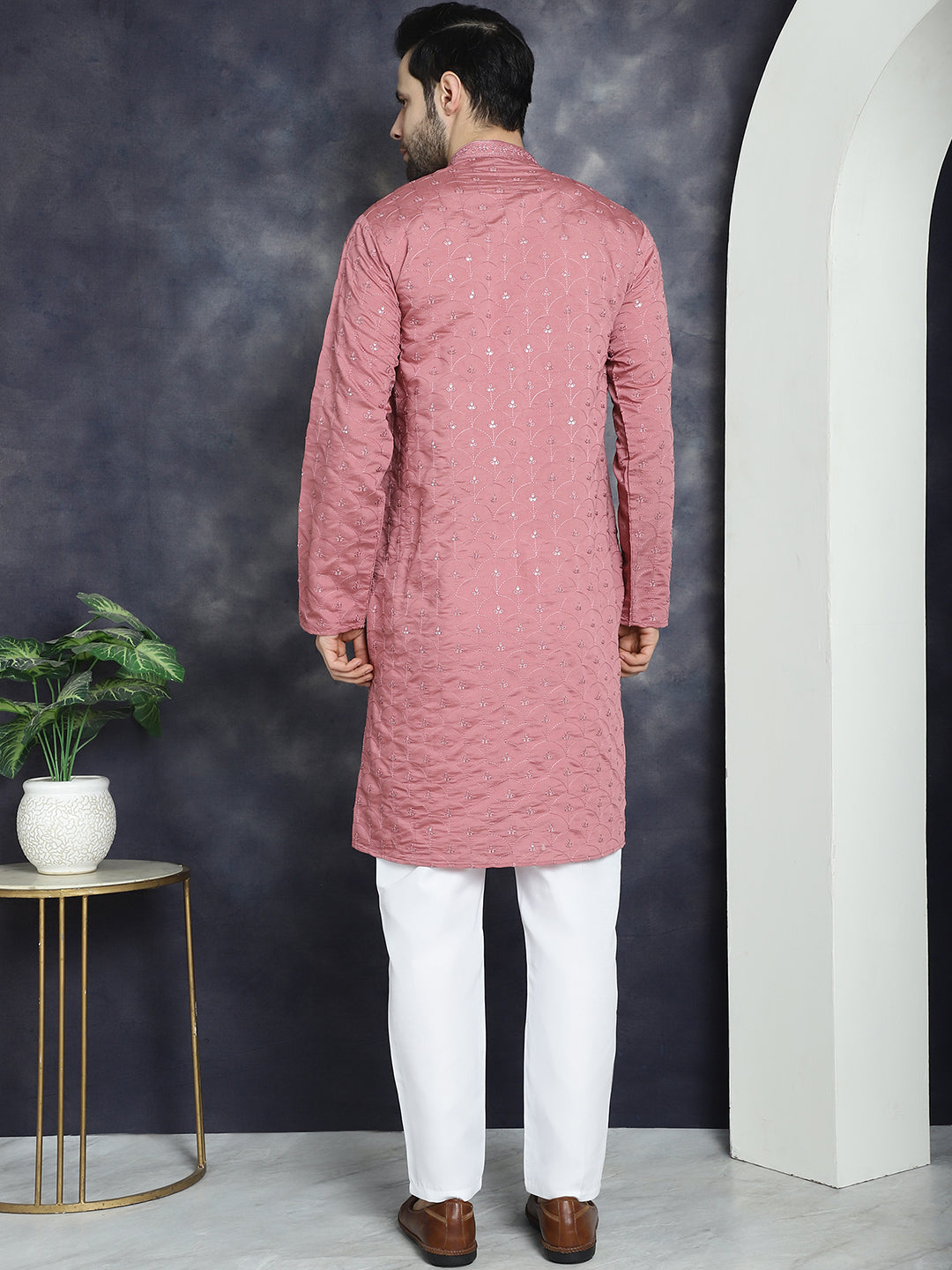 Jompers Men's Sequins Embroidered Kurta With Pyjama - Coral | Grocsy