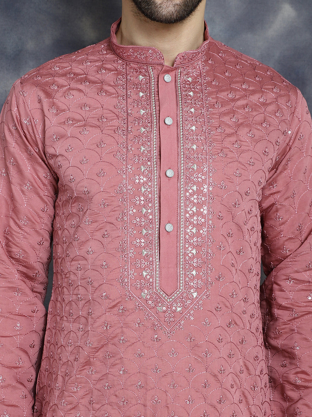 Jompers Men's Sequins Embroidered Kurta With Pyjama - Coral | Grocsy