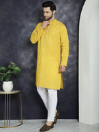 Jompers Men's Sequins Embroidered Kurta With Pyjama - Mustard | Grocsy