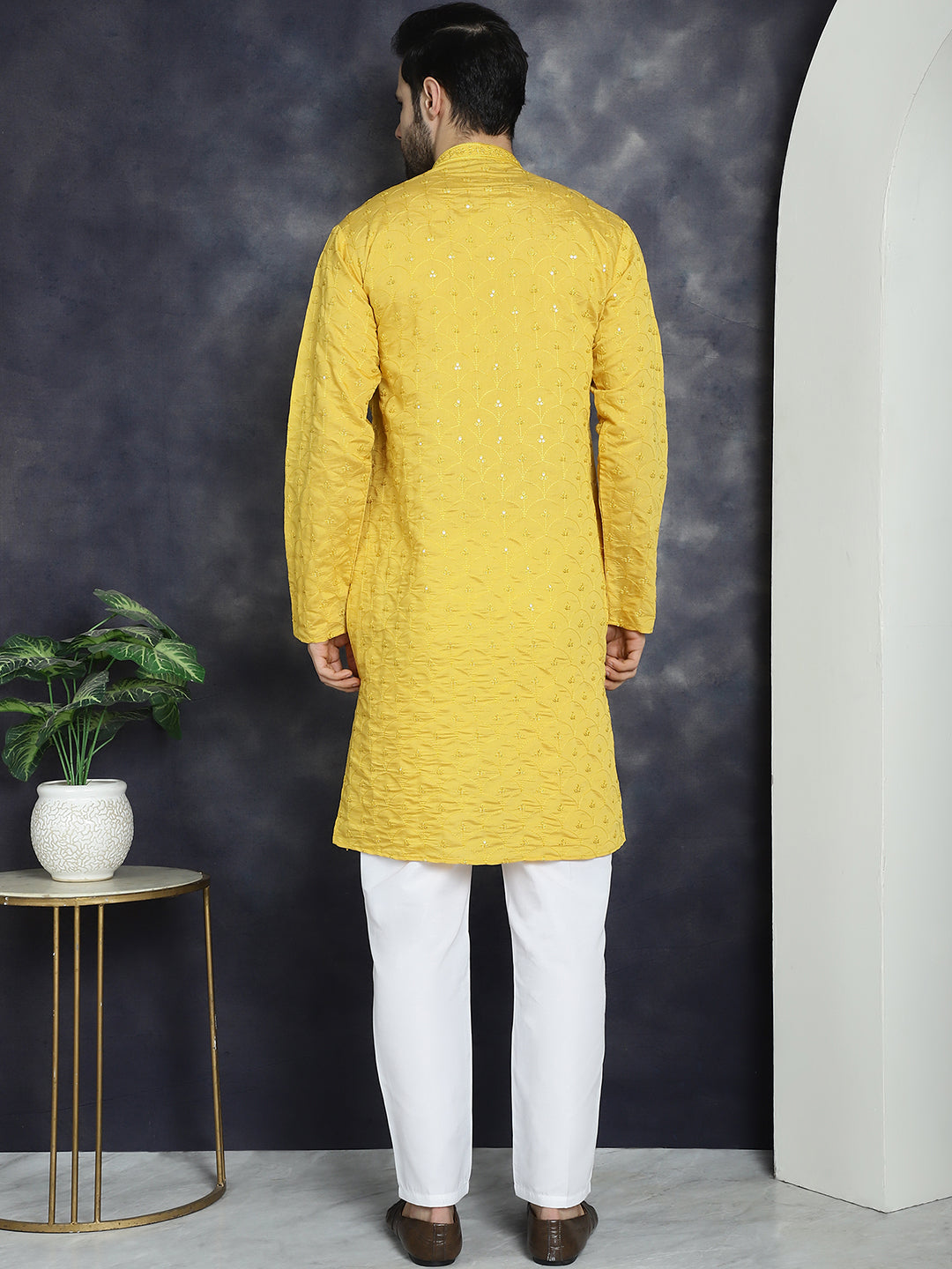 Jompers Men's Sequins Embroidered Kurta With Pyjama - Mustard | Grocsy
