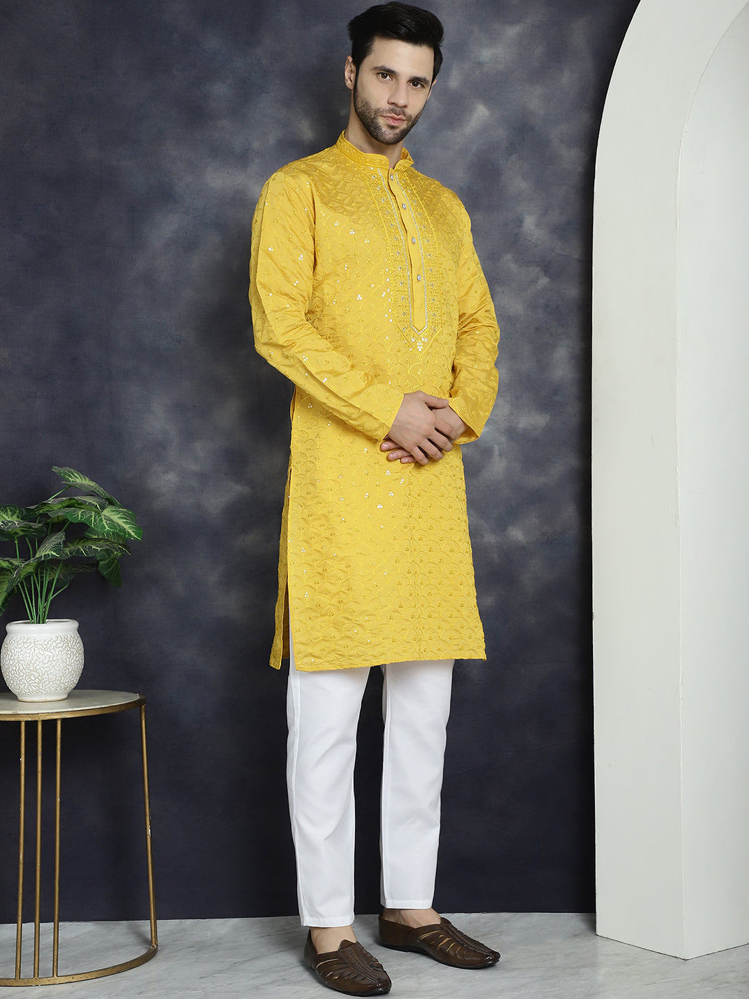 Jompers Men's Sequins Embroidered Kurta With Pyjama - Mustard | Grocsy