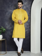 Jompers Men's Sequins Embroidered Kurta With Pyjama - Mustard | Grocsy