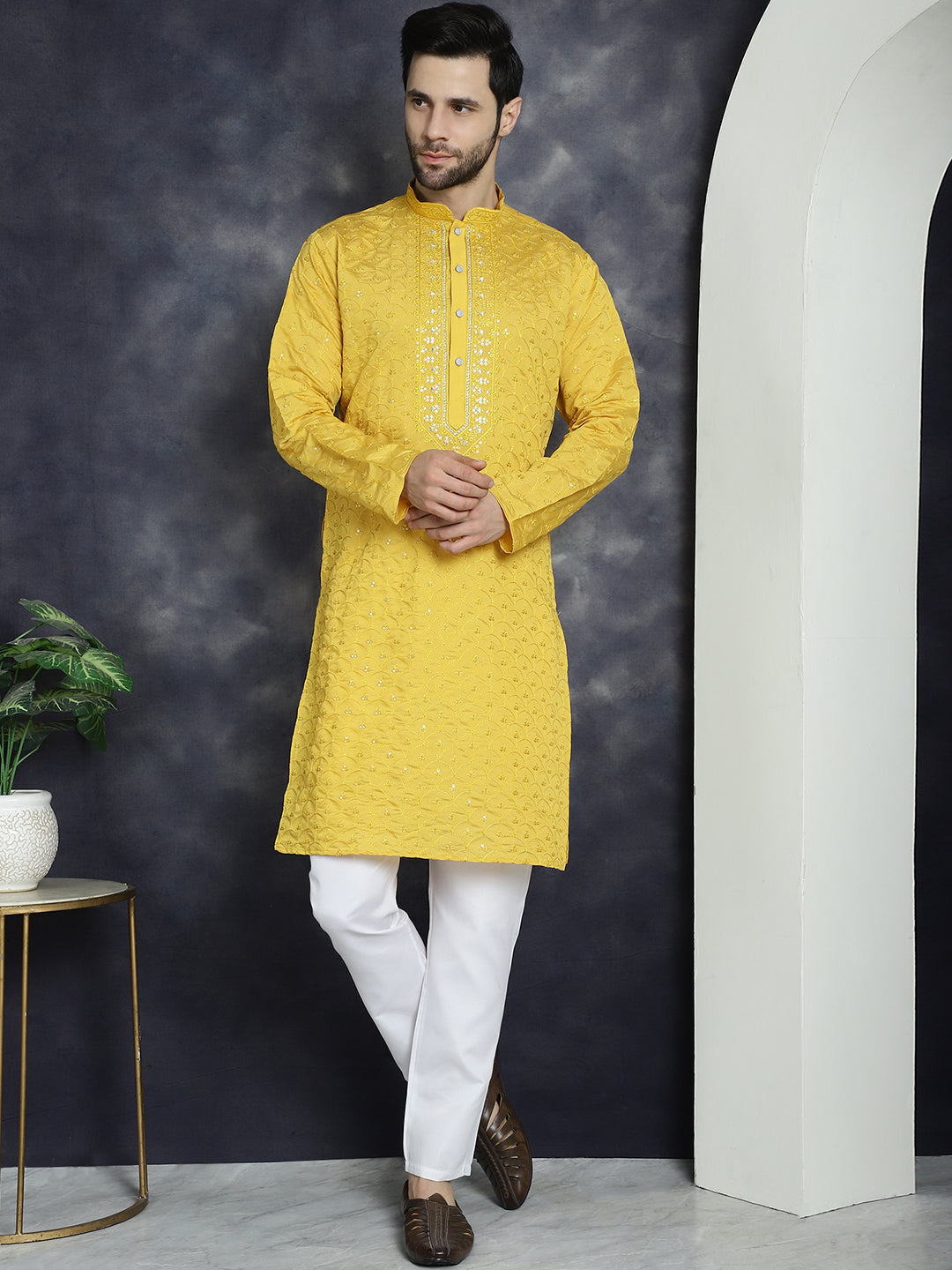 Jompers Men's Sequins Embroidered Kurta With Pyjama - Mustard | Grocsy