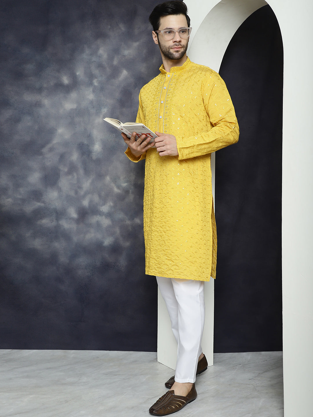 Jompers Men's Sequins Embroidered Kurta With Pyjama - Mustard | Grocsy