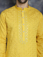 Jompers Men's Sequins Embroidered Kurta With Pyjama - Mustard | Grocsy