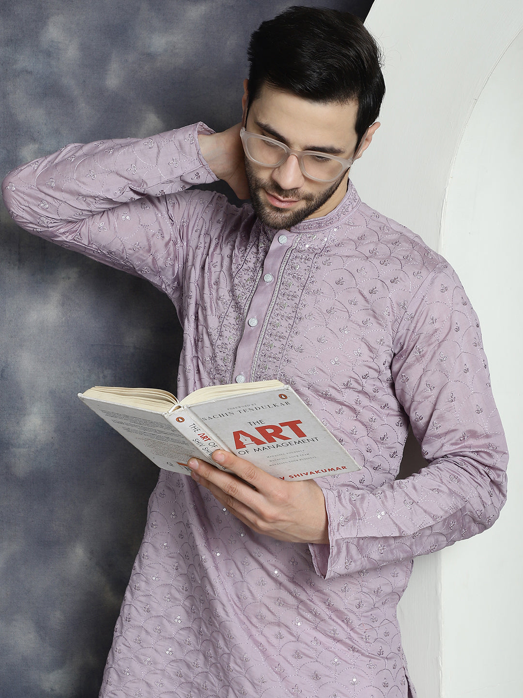 Jompers Men's Sequins Embroidered Kurta With Pyjama - Purple | Grocsy