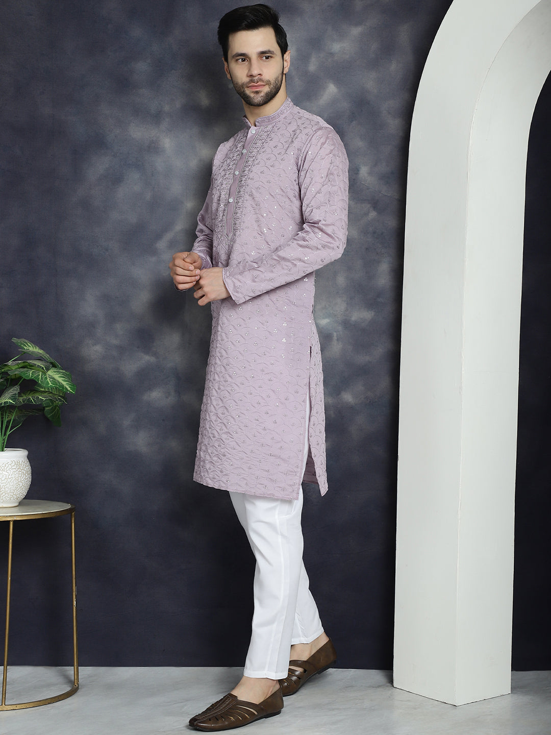 Jompers Men's Sequins Embroidered Kurta With Pyjama - Purple | Grocsy