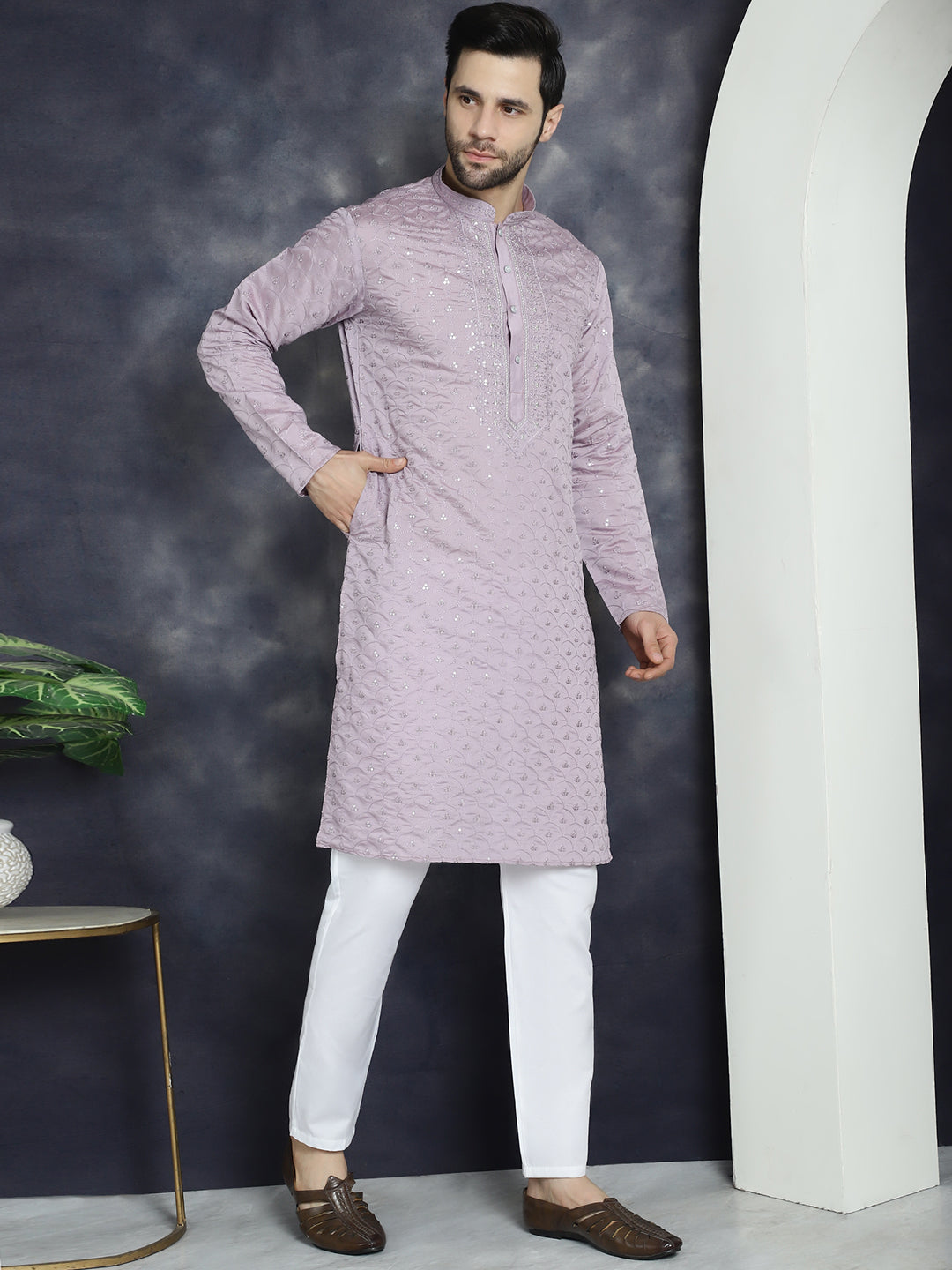 Jompers Men's Sequins Embroidered Kurta With Pyjama - Purple | Grocsy