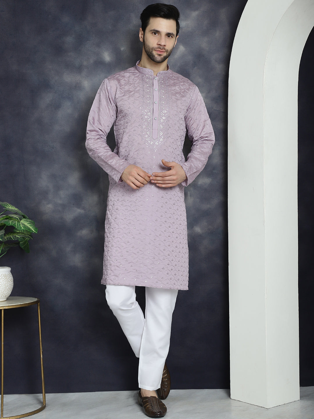 Jompers Men's Sequins Embroidered Kurta With Pyjama - Purple | Grocsy