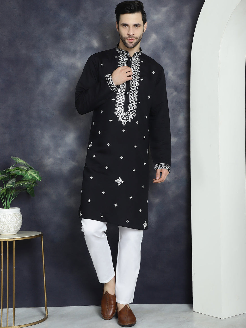 Jompers Men's Embroidered Kurta With Pyjama - Black | Grocsy