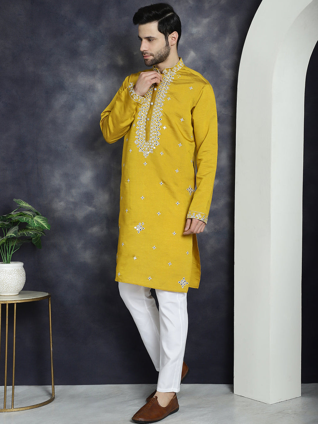 Jompers Men's Embroidered Kurta With Pyjama - Mustard | Grocsy