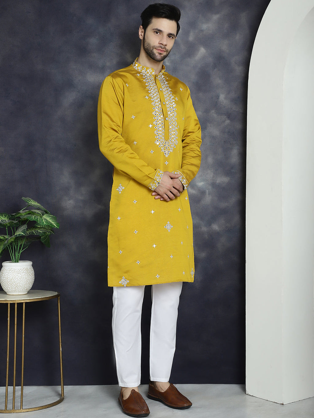 Jompers Men's Embroidered Kurta With Pyjama - Mustard | Grocsy