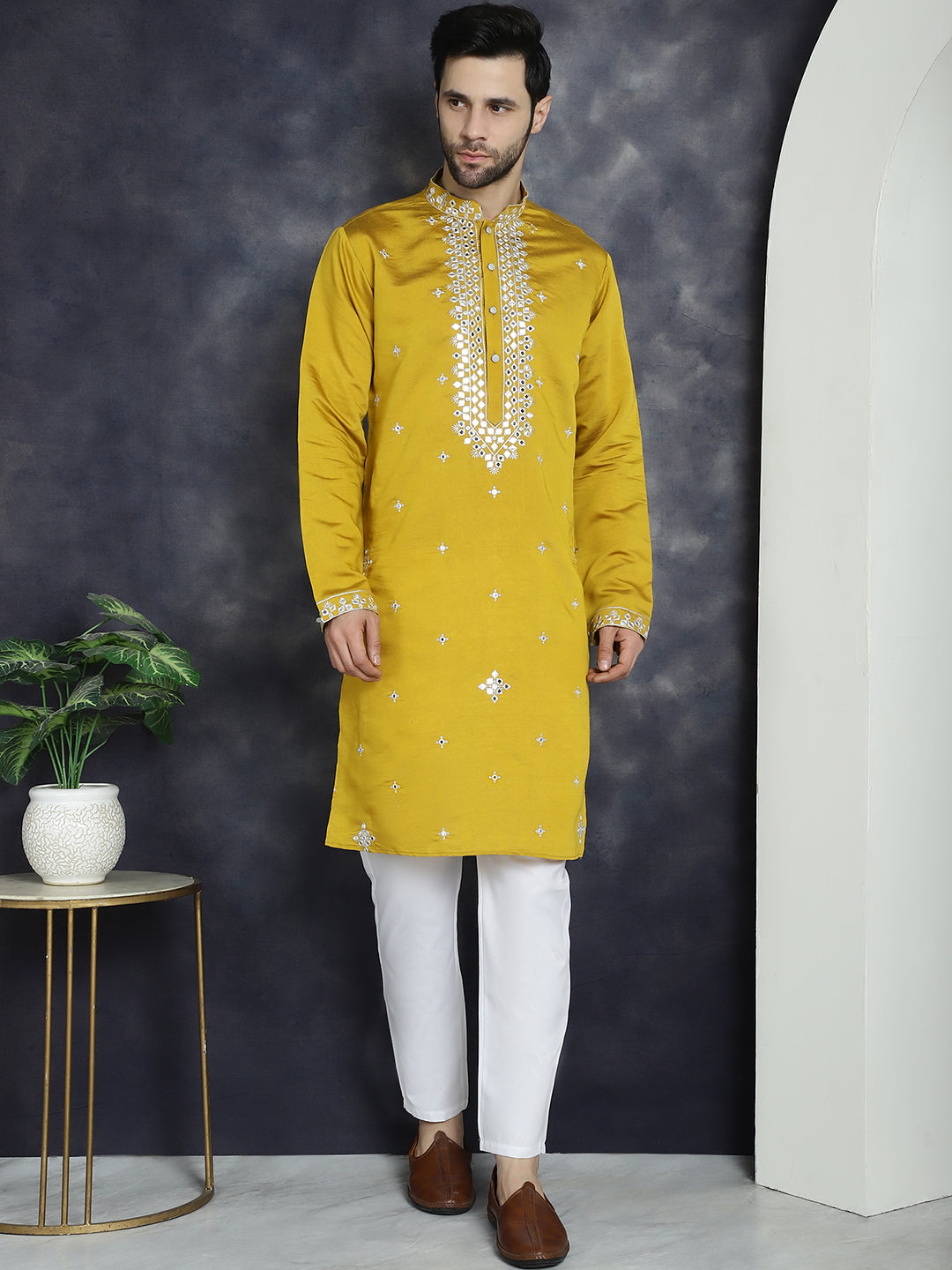 Jompers Men's Embroidered Kurta With Pyjama - Mustard | Grocsy