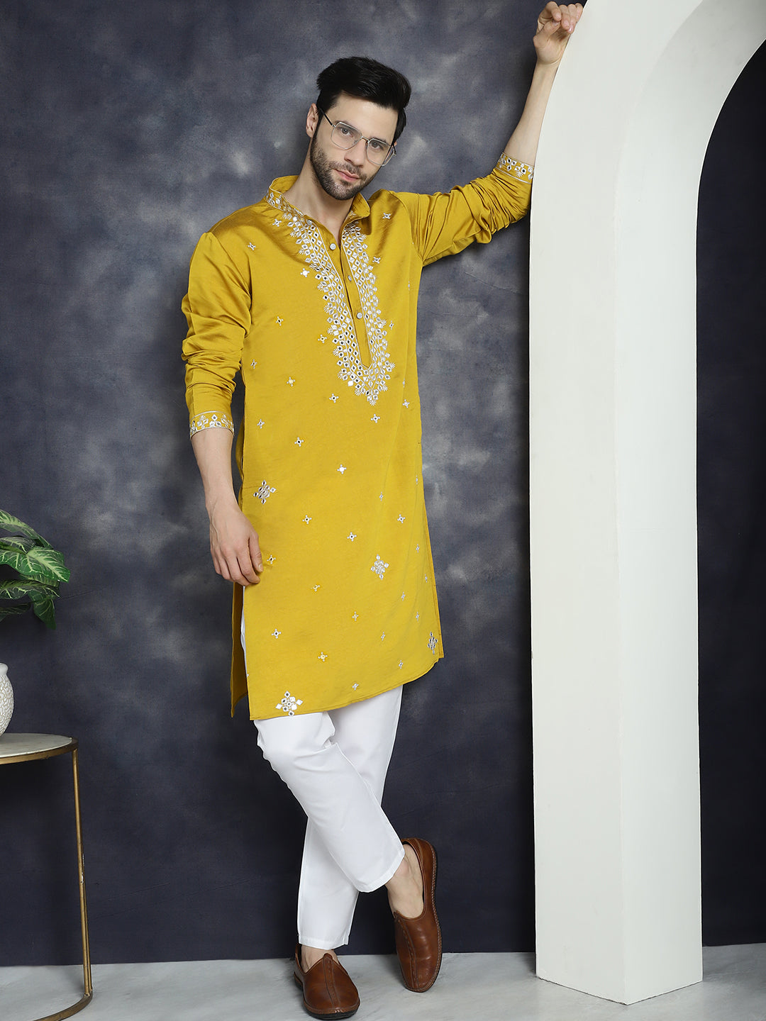 Jompers Men's Embroidered Kurta With Pyjama - Mustard | Grocsy