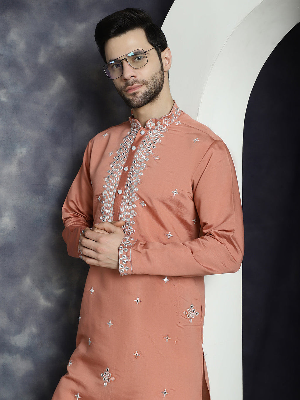 Jompers Men's Embroidered Kurta With Pyjama - Peach | Grocsy