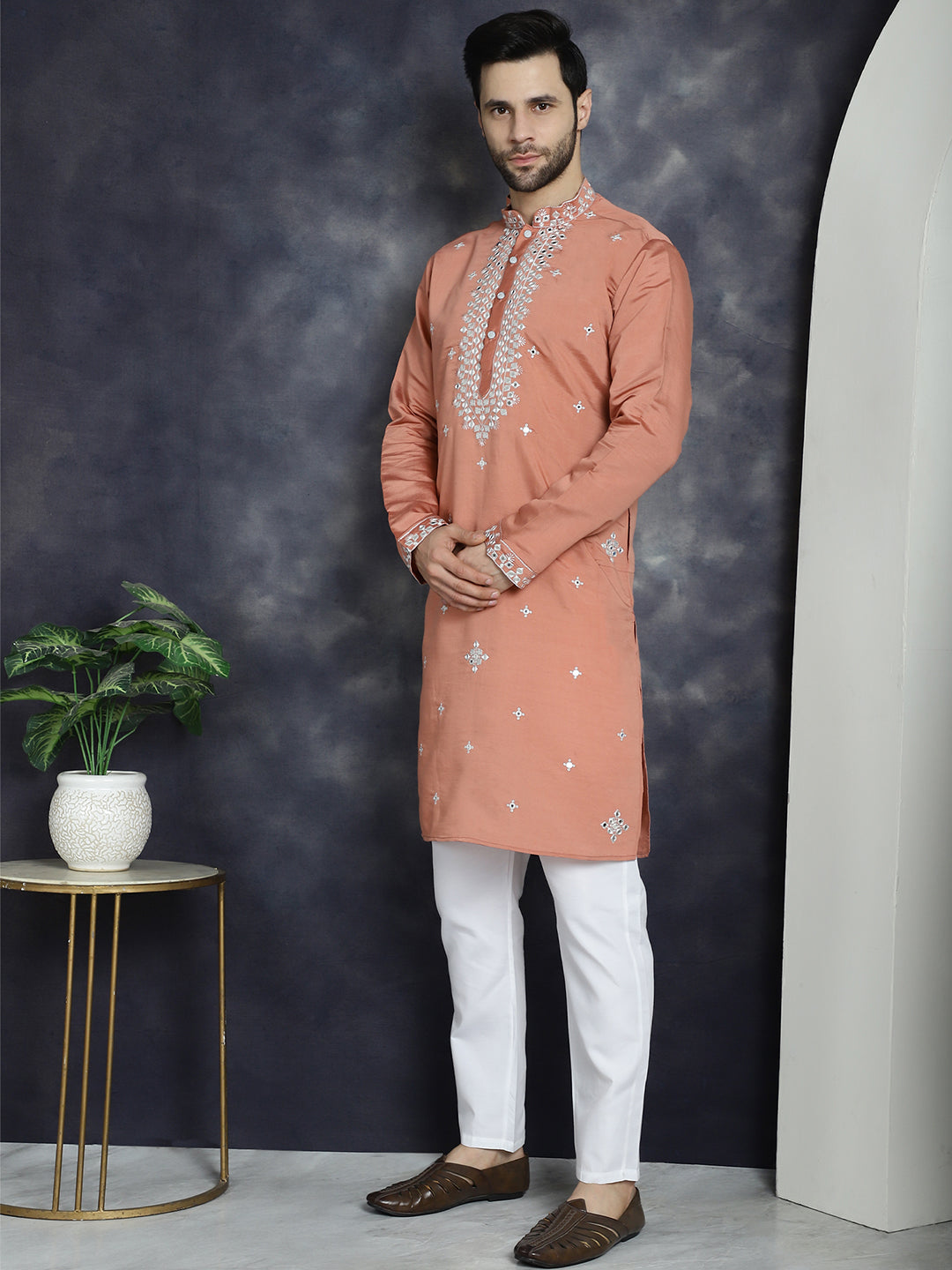Jompers Men's Embroidered Kurta With Pyjama - Peach | Grocsy